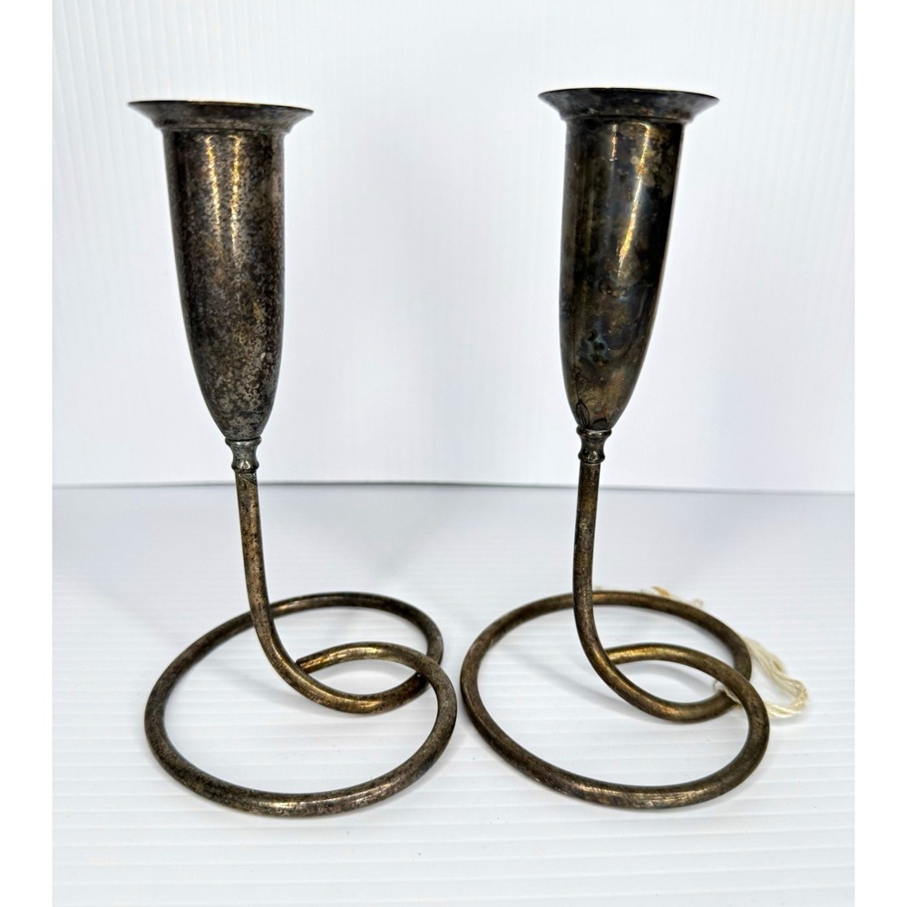 Vintage Silver Tone Metal Candlestick Holders Spiral Base Pair 6.5" Taper